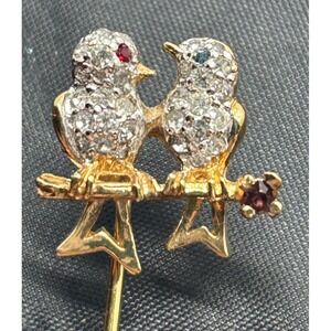 Vtg Panetta Signed Rhinestone Love Birds Stickpin Pin Ruby Amethyst Sapphire